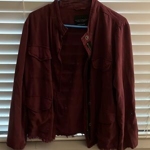 Fall, Burgundy light jacket with fringe at the bottom.